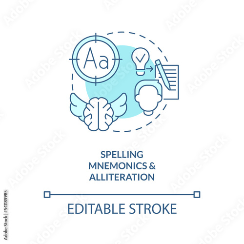 Spell mnemonics, alliteration concept turquoise icon. Verbal memory. Brain exercise abstract idea thin line illustration. Isolated outline drawing. Editable stroke. Arial, Myriad Pro-Bold fonts used