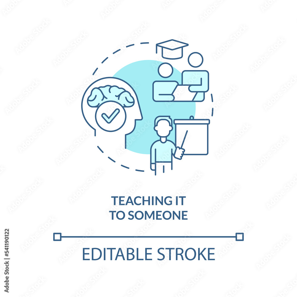 Teaching information to someone concept turquoise icon. Share knowledge. Memorization abstract idea thin line illustration. Isolated outline drawing. Editable stroke. Arial, Myriad Pro-Bold fonts used