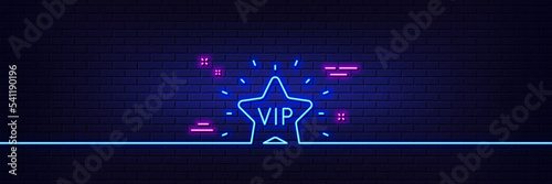 Neon light glow effect. Vip line icon. Very important person star sign. Member club privilege symbol. 3d line neon glow icon. Brick wall banner. Vip star outline. Vector