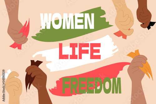 Women life freedom. Hands holding multicolored tuft of cut hair. Conceptual banner of international allyship in defense of iranian women. Brush strokes in colors of iranian flag. Iran protest. Vector.