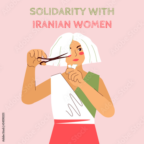 Woman dressed iranian flag colors, holds scissors and tuft of hair. International hair cutting challenge in solidarity with women of Iran. Protest against violence and discrimination. Vector.