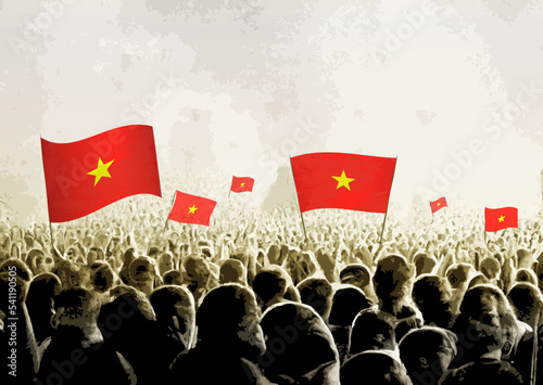 Crowd with the flags of Vietnam, people cheering national team of Vietnam. Ai generated illustration of crowd.