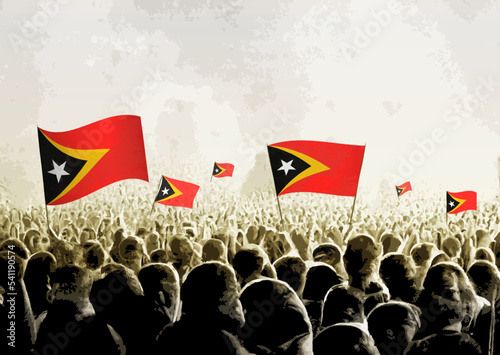 Crowd with the flags of East Timor, people cheering national team of East Timor. Ai generated illustration of crowd. photo
