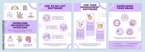 Overcome information overload purple brochure template. Leaflet design with linear icons. Editable 4 vector layouts for presentation, annual reports. Arial-Black, Myriad Pro-Regular fonts used