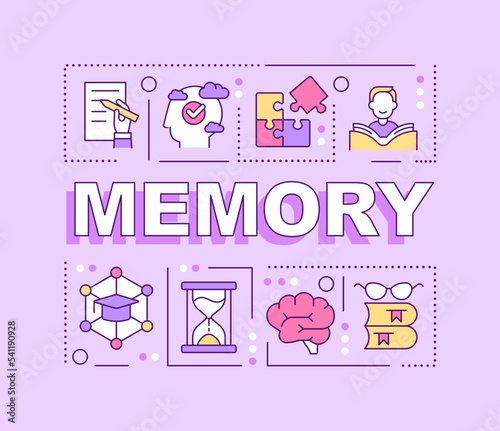 Memory word concepts pink banner. Memorizing process. Learn new things. Infographics with editable icons on color background. Isolated typography. Vector illustration with text. Arial-Black font used