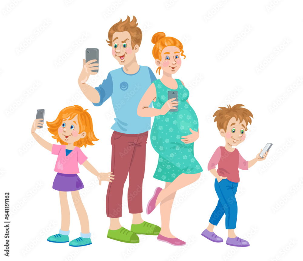 Happy family takes a selfie. Father, pregnant mother, son and daughter with smartphones in their hands. In cartoon style. Isolated on white background. Vector flat illustration. Happy family takes a selfie. Father, pregnant mother, son and daughter with smartphones in their hands. In cartoon style. Isolated on white background. Vector flat illustration.
