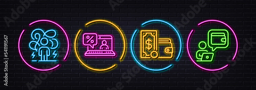 Difficult stress, Wallet money and Online loan minimal line icons. Neon laser 3d lights. Wallet icons. For web, application, printing. Mind anxiety, Usd bill, Discount percent. Online money. Vector