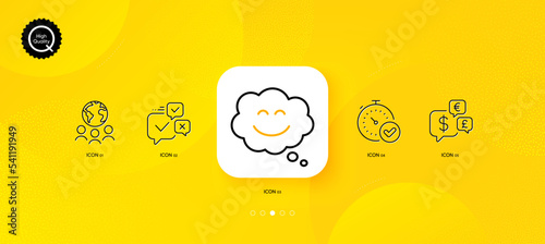 Global business, Smile chat and Money currency minimal line icons. Yellow abstract background. Online voting, Fast verification icons. For web, application, printing. Vector