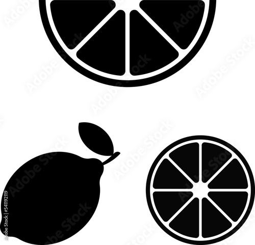 Lemon, vector icon. Black lemon and lemon slices on a white background.