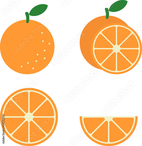 Orange, vector. Whole orange and orange orange slices on a white background.