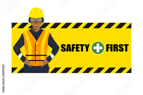 Cartoon warning sign safety first for factory, Vector illustration.