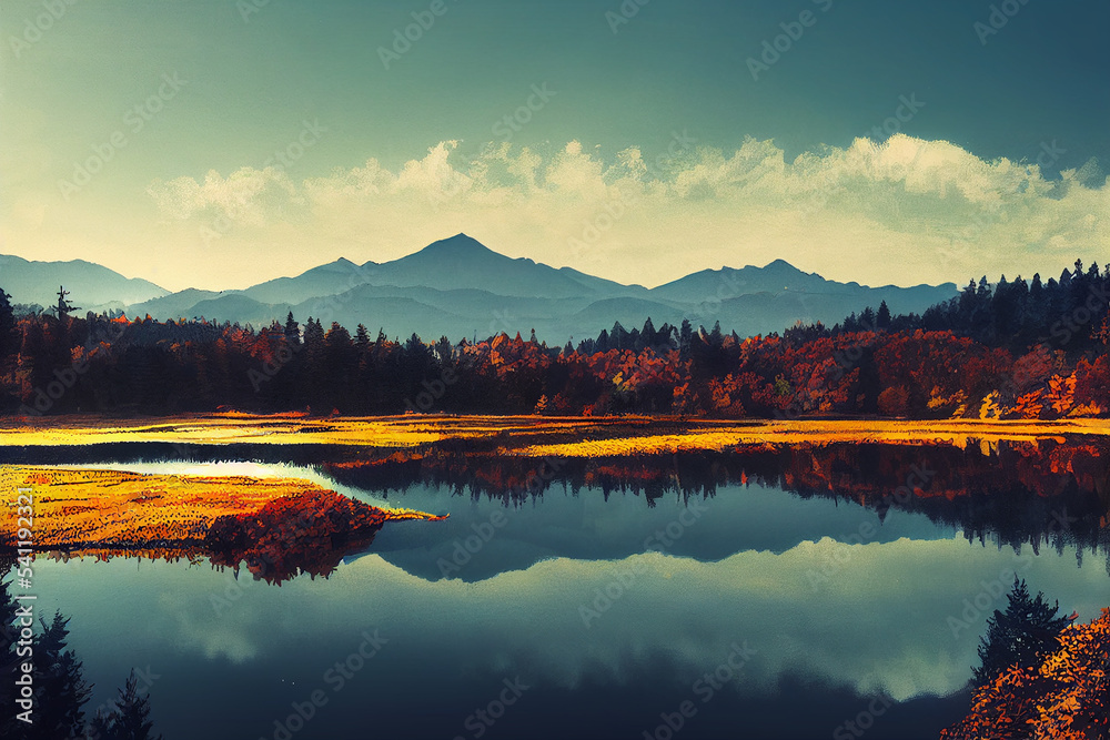 Beautiful nature landscape of mountains and rivers flowing in the autumn season. Calm and peaceful environment