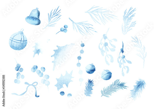 Winter christmas mood elements set, Hand drawn watercolor illustration, isolated on white background