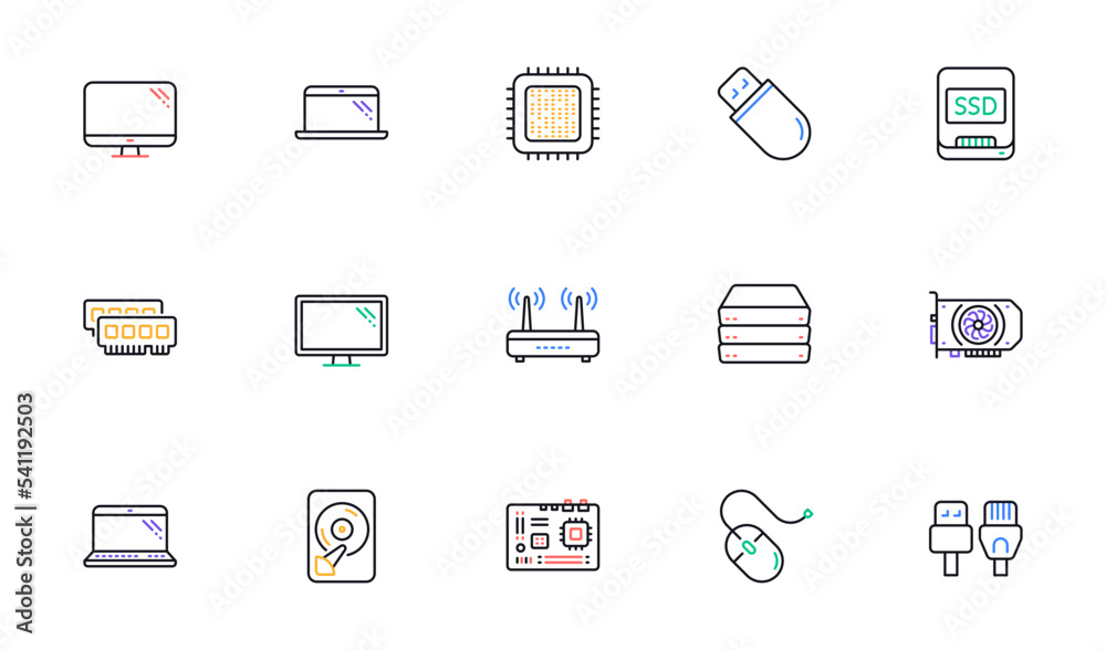 Computer device line icons. Motherboard, CPU and Laptop. SSD memory linear icon set. Bicolor outline web elements. Vector