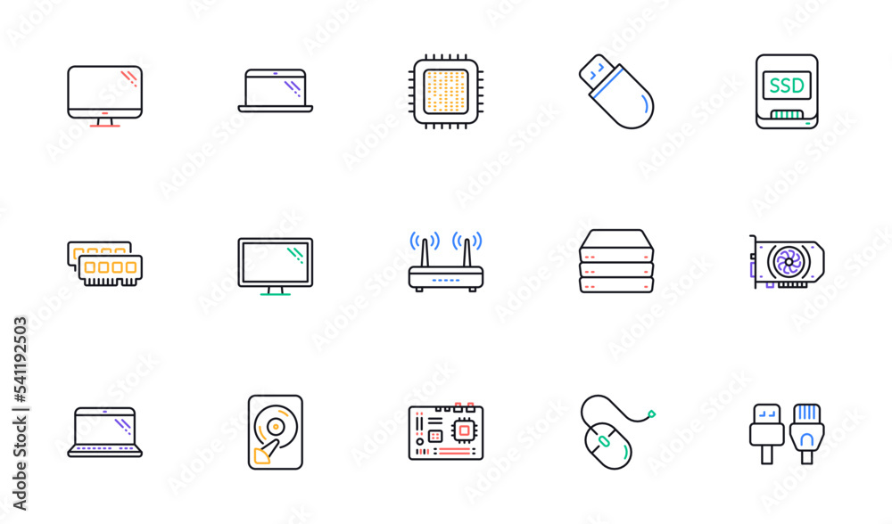 Computer device line icons. Motherboard, CPU and Laptop. SSD memory linear icon set. Bicolor outline web elements. Vector Computer device line icons. Motherboard, CPU and Laptop. SSD memory linear icon set. Bicolor outline web elements. Vector