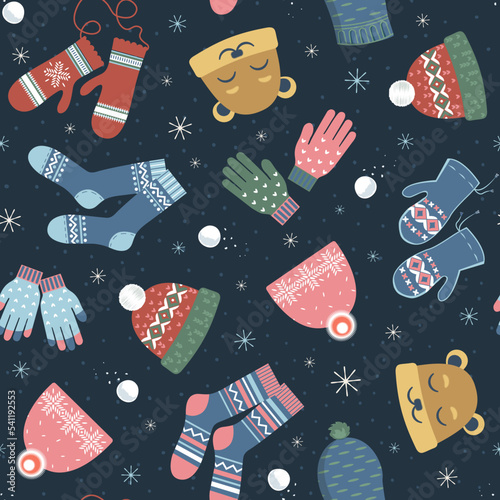 Winter vector seamless pattern with cute socks, hats, mittens, snowflakes and snowballs. 