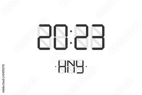 Happy New Year xmas holiday card with digital lcd electronic display clock number 2023 and HNY black letters on white background. Merry Christmas celebration greeting calendar vector eps illustration