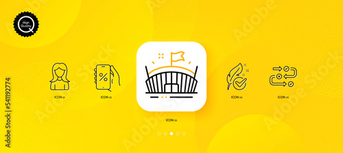 Hypoallergenic tested, Woman and Arena minimal line icons. Yellow abstract background. Survey progress, Discounts app icons. For web, application, printing. Vector