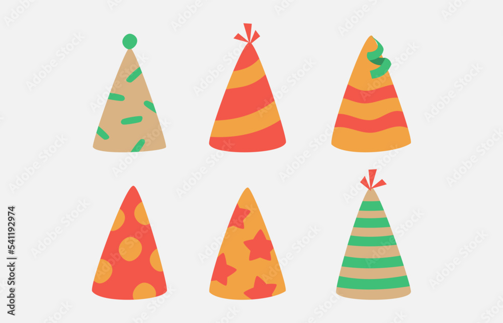 set of cute birthday hat flat vector illustration. design elements and resource for party, celebration, and new year theme. set of cute birthday hat flat vector illustration. design elements and resource for party, celebration, and new year theme.