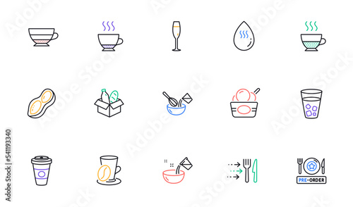Cooking water, Food donation and Pre-order food line icons for website, printing. Collection of Ice cream, Hot water, Ice tea icons. Cooking whisk, Coffee cup, Takeaway coffee web elements. Vector