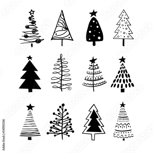 Christmas trees set. Christmas tree icons. Hand drawn in doodle style. Perfect design for greeting cards, posters, t-shirts, banners, flyers, web, print invitations.