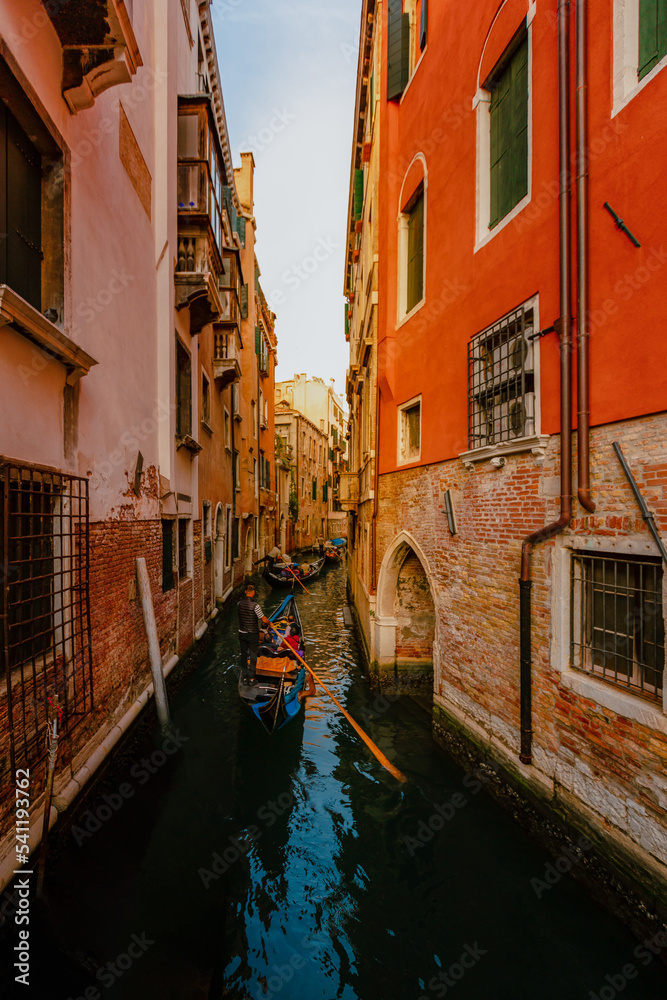 Gondolas as they sail through Venice's characteristic canal