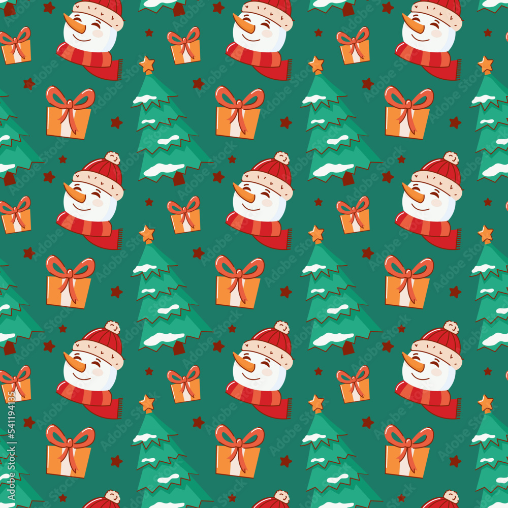 vector pattern with snowman, Christmas tree and gifts. The concept of New Year and Christmas