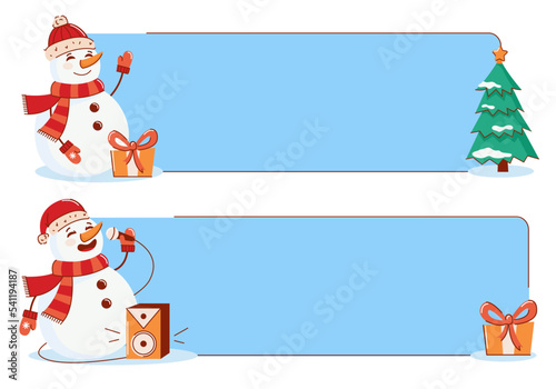 vector Christmas banner with a snowman, a Christmas tree and a gift. Happy New Year and Merry Christmas