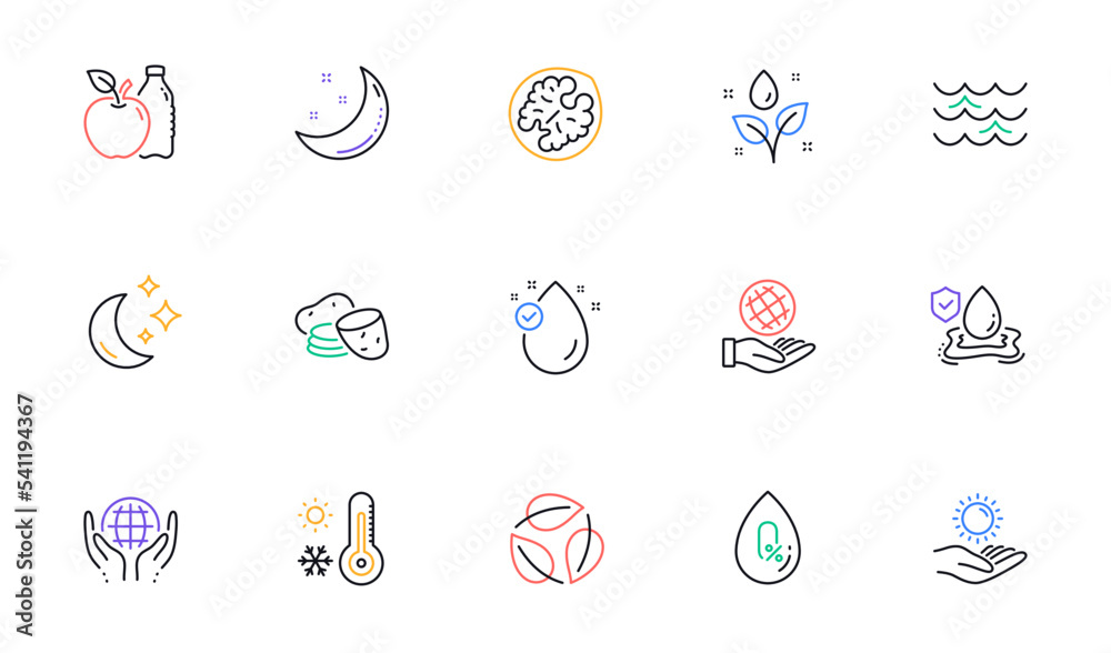 Apple, Plants watering and Organic tested line icons for website, printing. Collection of No alcohol, Waves, Flood insurance icons. Leaves, Safe planet, Moon web elements. Vector