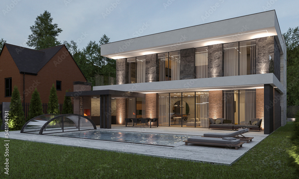 3D visualization of a modern house with a swimming pool and a large terrace. House with a carport and utility block. Facade in ceramic tiles