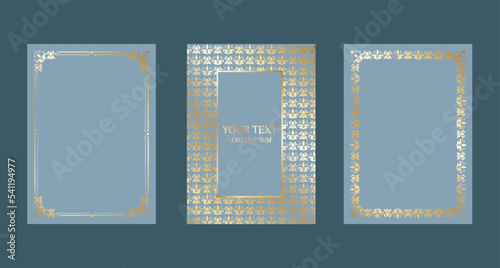 Set of card with an ornament of wild flowers in blue and gold colors. Floral poster for congratulations. Vector decorative greeting card, invitation design.