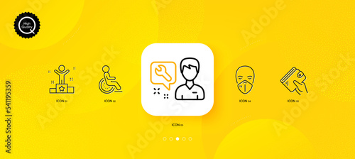 Medical mask, Wallet and Repairman minimal line icons. Yellow abstract background. Winner, Disability icons. For web, application, printing. Respirator, Money budget, Repair service. Vector