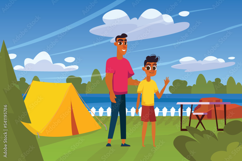 Concept Summer with people scene in the background cartoon design. Father and son went on a summer picnic outside the city. Vector illustration.