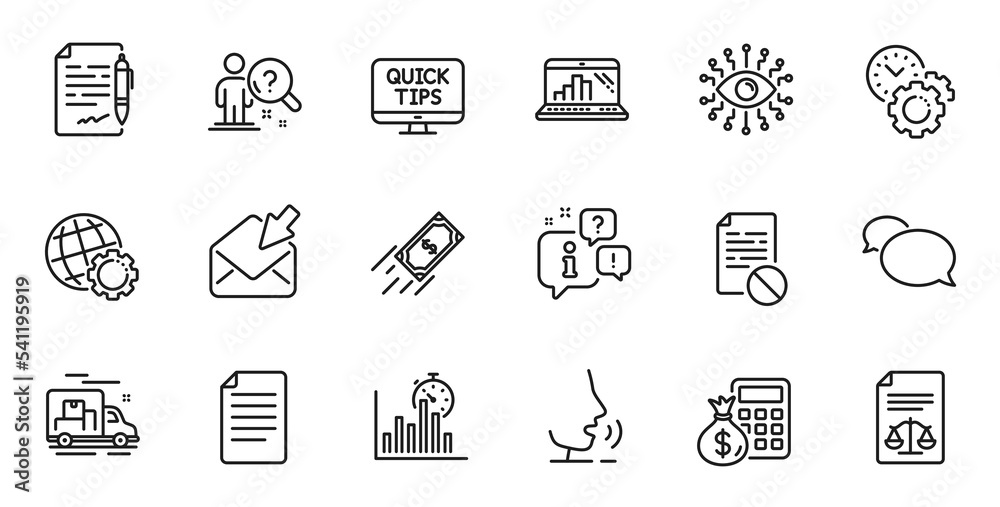 Outline set of Report timer, Finance calculator and Wrong file line icons for web application. Talk, information, delivery truck outline icon. Include Fast payment, Globe, Graph laptop icons. Vector Outline set of Report timer, Finance calculator and Wrong file line icons for web application. Talk, information, delivery truck outline icon. Include Fast payment, Globe, Graph laptop icons. Vector