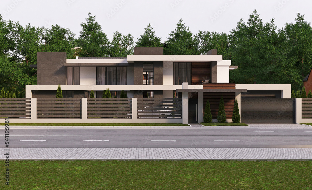 3D visualization of a modern house with a terrace and panoramic windows. Modern architecture.