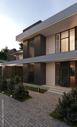 Modern villa with a large terrace and panoramic windows. 3d visualization. Unique architecture. Evening illumination of the facade.