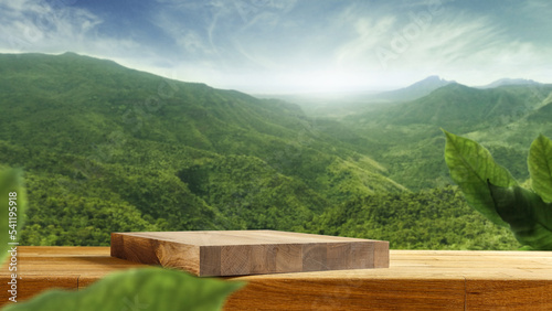 Desk of free space and green landscape of mountains. 