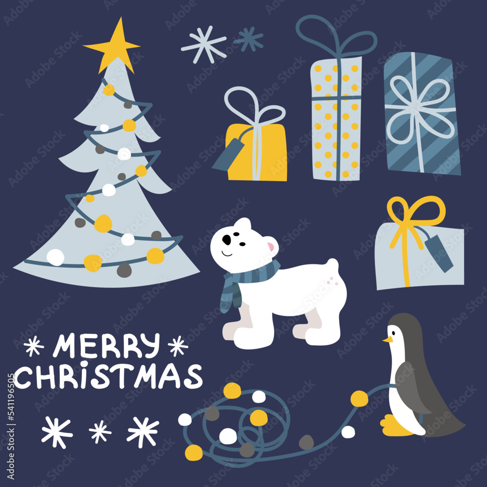 Fototapeta premium Set of Christmas vector illustrations with polar bear and penguin. Hand drawn style