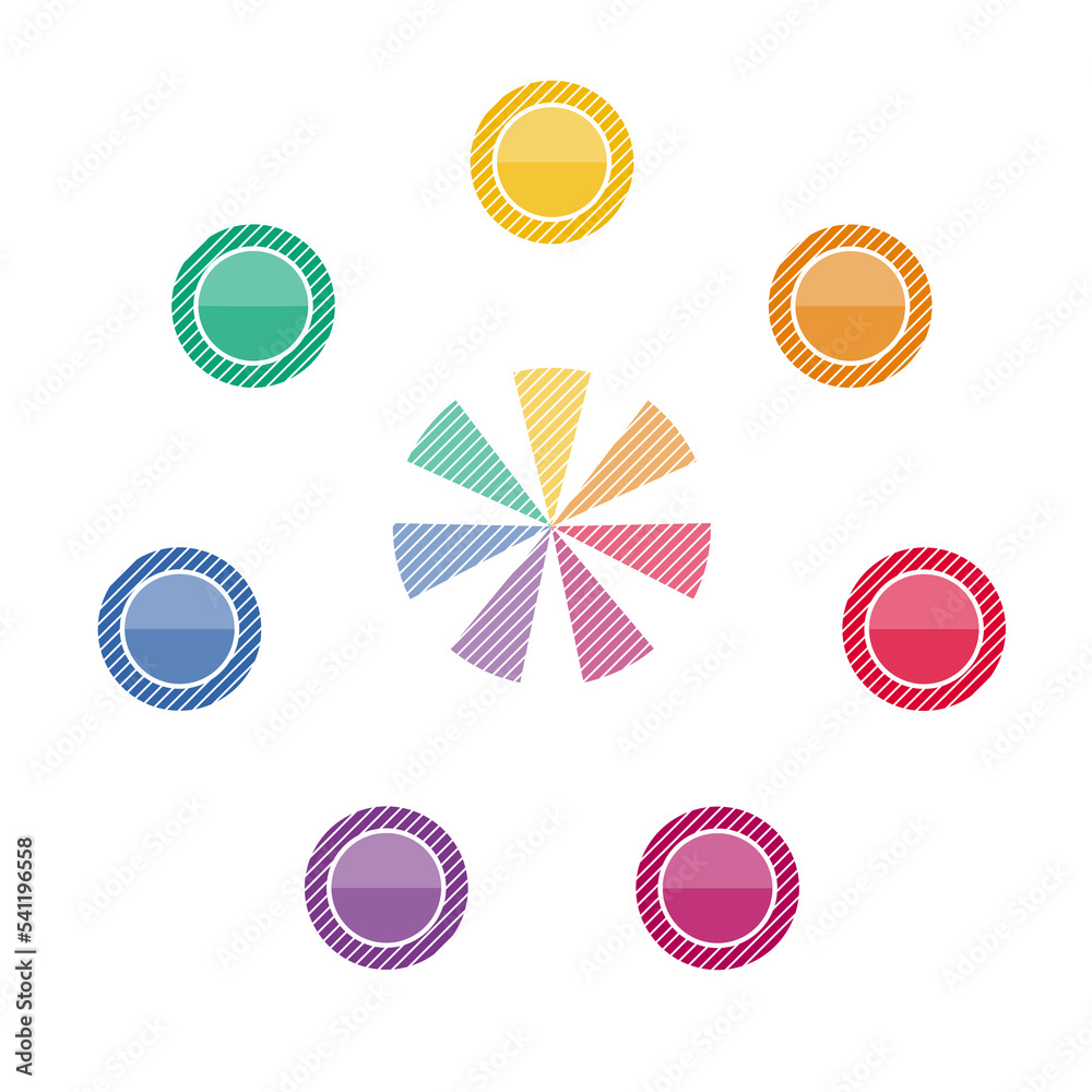 Infographics template, colorful circles arranged circle 7 position, isolated Infographics template, colorful circles arranged circle 7 position, isolated