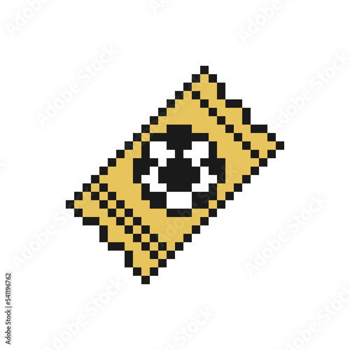 Football or soccer match ticket icon in pixel art design isolated on white background.