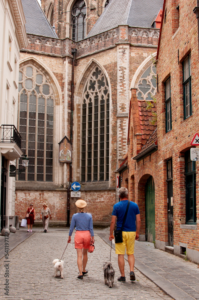 Family. Husband and wife walk around the city with dogs. Brugge, Belgium July 9, 2022. Old town, church. Blue body shirt, yellow coats.