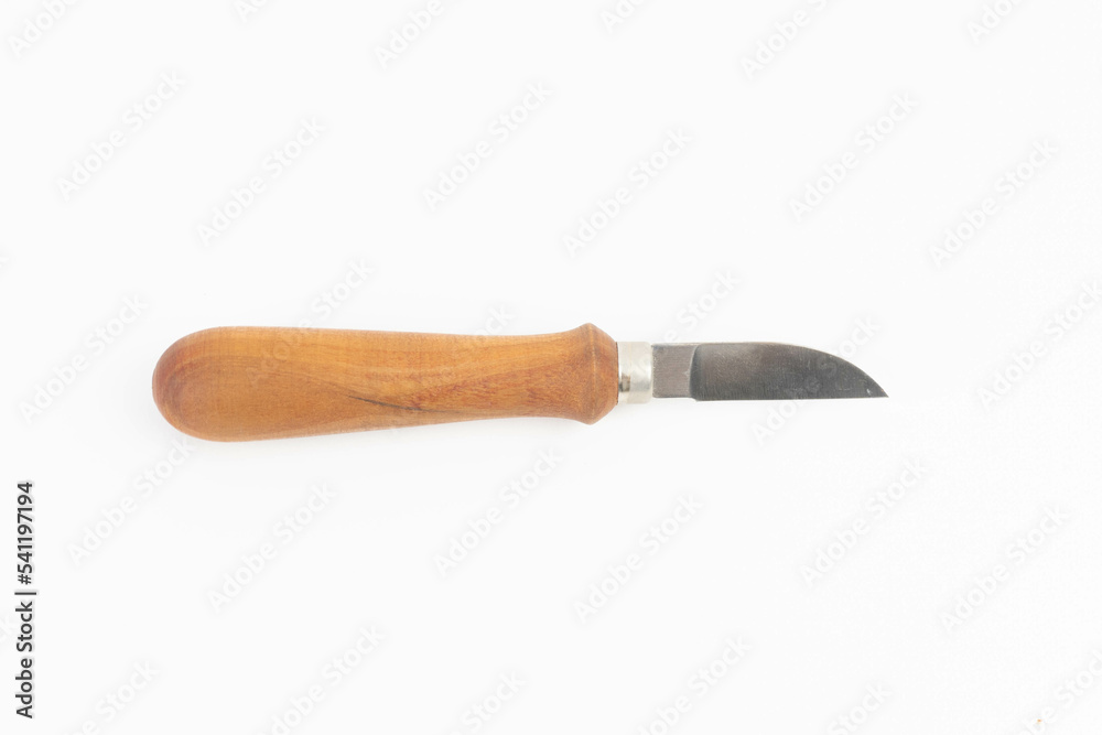 Wood carving knife with wooden handle. White background.