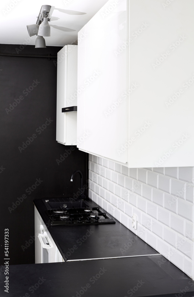 Small kitchen design with white kitchen cabinets, white kitchen island