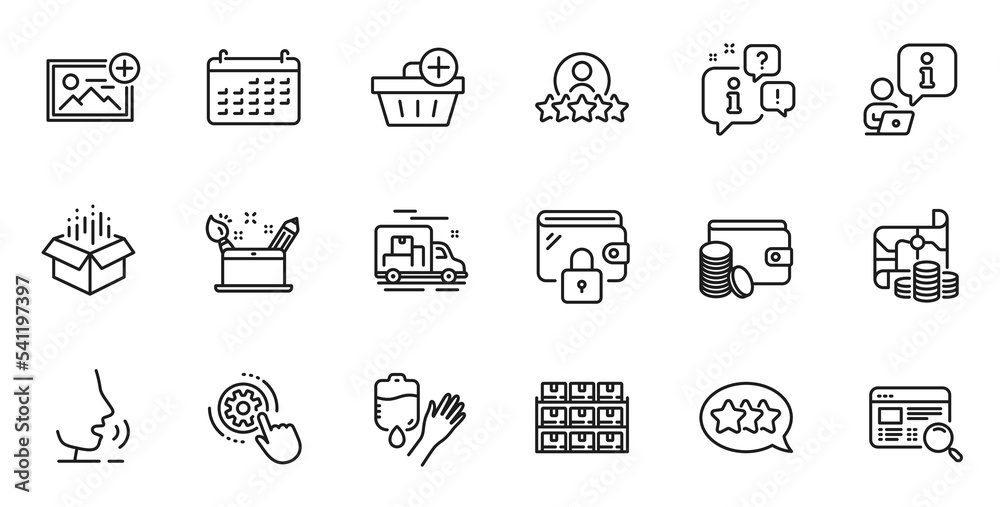 Outline set of Creativity concept, Calendar and Interview line icons for web application. Talk, information, delivery truck outline icon. Include Payment method, Wallet, Website search icons. Vector