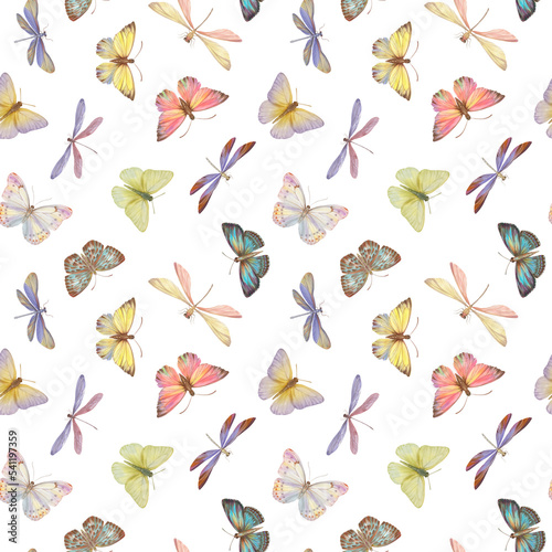 Seamless pattern of butterflies and dragonflies on a white background. Botanical abstract ornament for design and wallpaper.