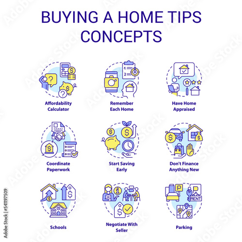 Buying home tips concept icons set. Real estate. First time house buyer recommendations idea thin line color illustrations. Isolated symbols. Editable stroke. Roboto-Medium, Myriad Pro-Bold fonts used
