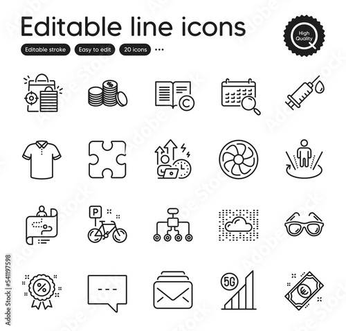 Set of Business outline icons. Contains icons as Fan engine, Euro money and Difficult stress elements. Restructuring, Blog, Sunglasses web signs. Discount, Augmented reality. Vector