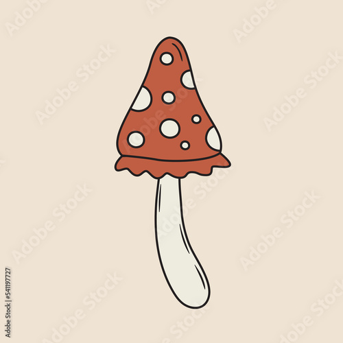 Abstract vector illustration of mystic poisonous mushroom. 60s and 70s style amanita in groovy style. Cartoon forest flora. Hand drawn vintage toadstool