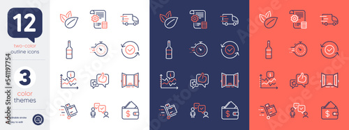 Set of Organic product, Wallet and Like line icons. Include Consulting business, Inventory cart, Wine icons. Open door, Chart, Truck delivery web elements. Timer, Security confirmed. Vector