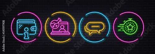 Wallet, Dots message and Online chemistry minimal line icons. Neon laser 3d lights. Timer icons. For web, application, printing. Money budget, Chat bubble, Lab flask. Deadline management. Vector